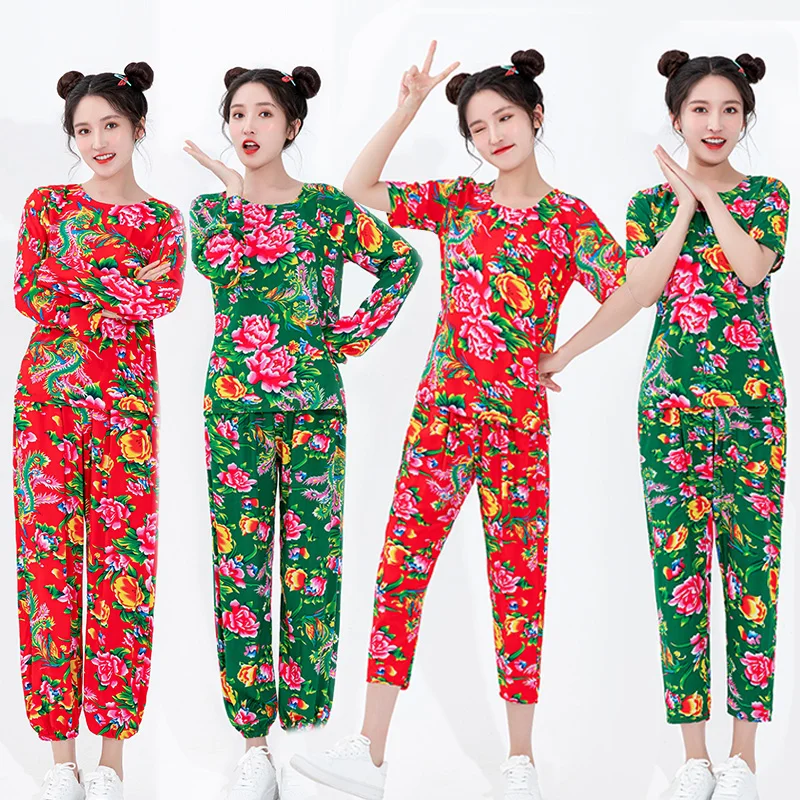 

Men Women Big Flower Two-Person Dance Set T-shirt Pants Yangko Costume Performance