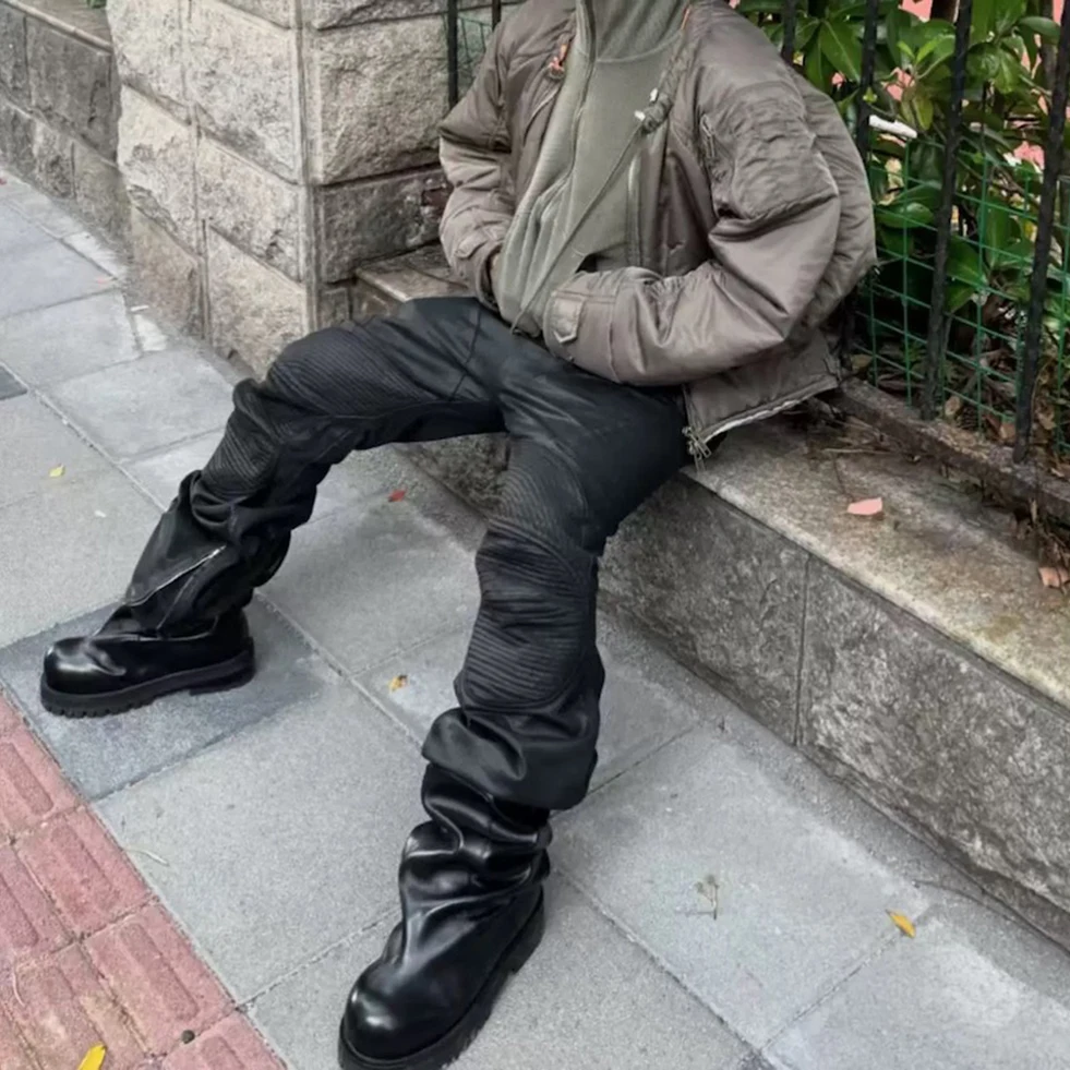 مايكرو نحى الشمع الركبة تجعد دراجة نارية السراويل أسود اللون الشارع الشهير التمهيد قطع مستقيم فضفاض عارضة السراويل المتضخم #2