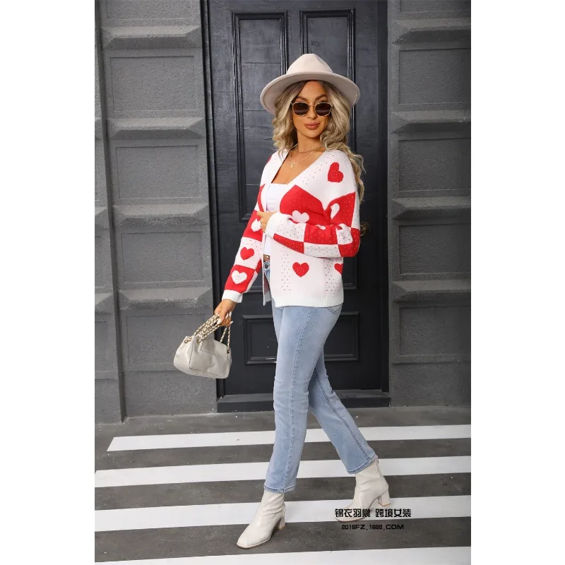 新しい女性のバレンタインデーの愛の桃ニットカーディガン愛のVネック多用途ジャケット女性用