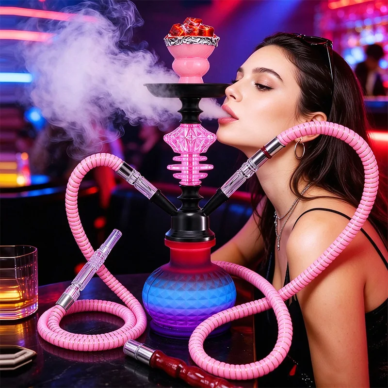 14 Inch 1&2 Hose Hookah Complete Set Gradient Diamond Glass Shisha Narguile Chicha Cachimba Water Pipe Kit For Party Bar Home