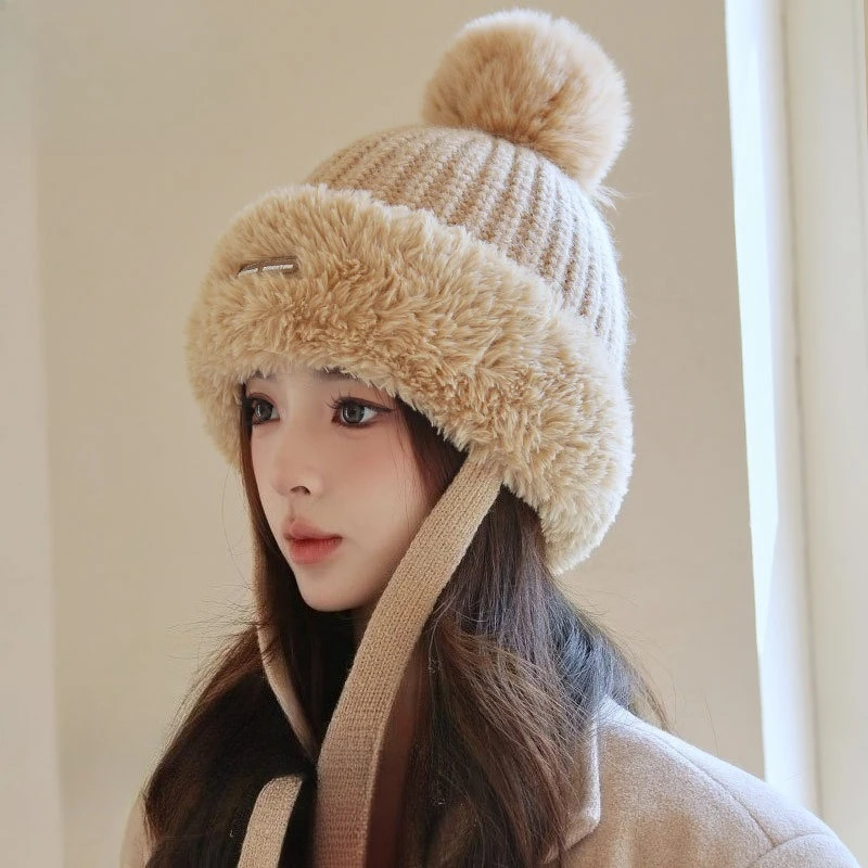 Winter New Velvet Thickened Fur Collar Tether Wind and Snow Knitted Hat Big Head Circumference Outdoor Versatile Warm Wool Hat