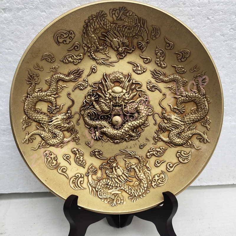 Auspicious large copper plate,Chinese pure copper relief Jiulong plate,exquisite household geomantic decoration ornaments,gifs