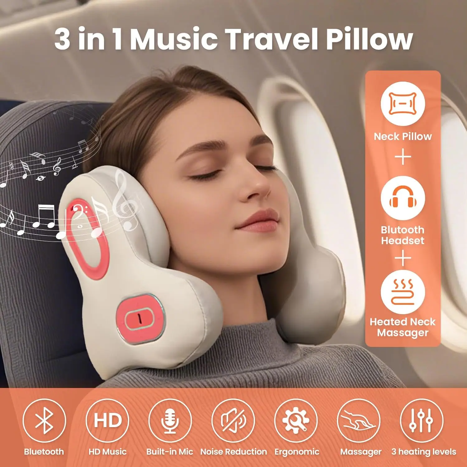 

Wireless Neck Massager Red Light Hot Compress Massager Sleep Noise Reduction U-shaped Neck Pillow Masajeador Bluetooth Music