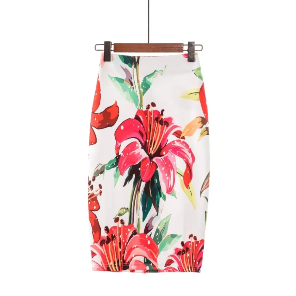 

Fashionable Retro Printed Bag Hip Midi Skirt 2025 Women Summer Flower Print Knee Length Skirts Elegant Office Lady Clothes Falda