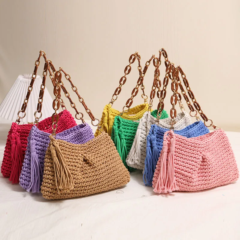 

Яркие цвета, акриловые цепочки, тканые сумки для женщин, веревка, вязаная крючком сумка на плечо, дорожная пляжная сумка с кисточками, вязаные кошельки с клапаном