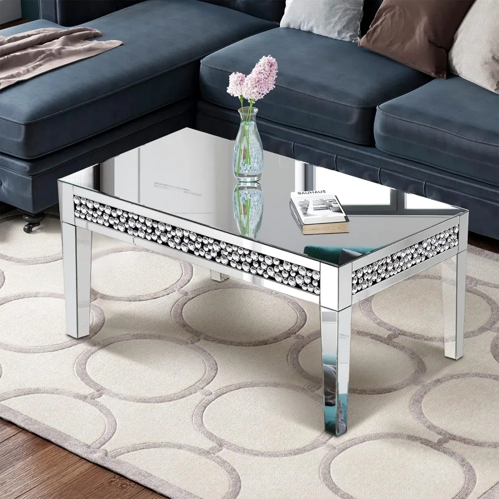 Mesa de centro rectangular con espejo, mueble plateado con incrustaciones de diamante criatal, mesa de té moderna de lujo para sala de estar