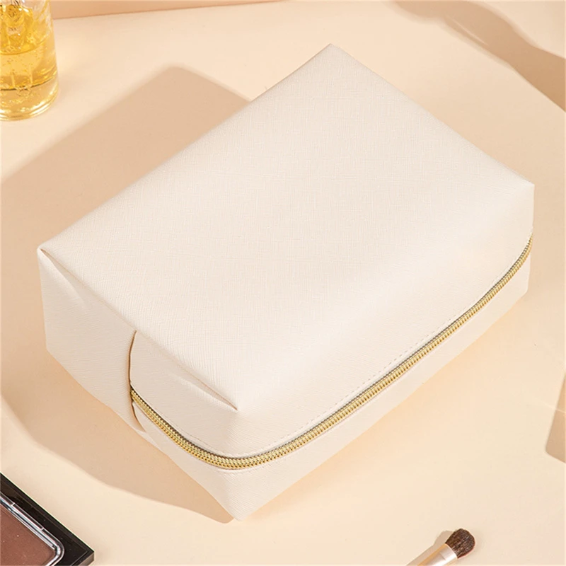 Women Waterproof Cosmetic Bag PU Leather Solid Color Makeup Pouch Travel Portable Wash Toiletry Storage Bag Organizer Purse