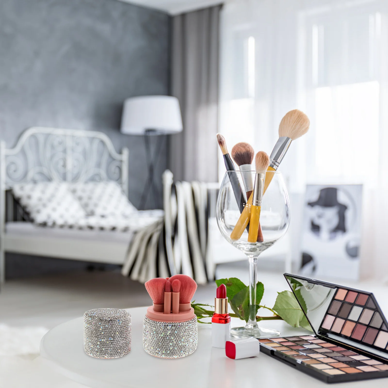 1 セット 1 セットのメイクブラシオーガナイザー、ラインストーン付きトラベルホルダー、防塵ポータブルブリンクリスタルケース、顔と目用