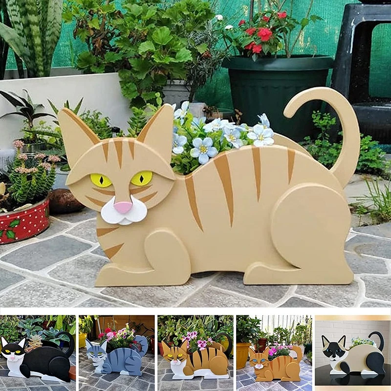 Cat Shaped Planter Garden Flower Pot Cat Animal Garden Animal Statue Sculpture Decor Garden Pots DIY PVC Flower Planter Garden