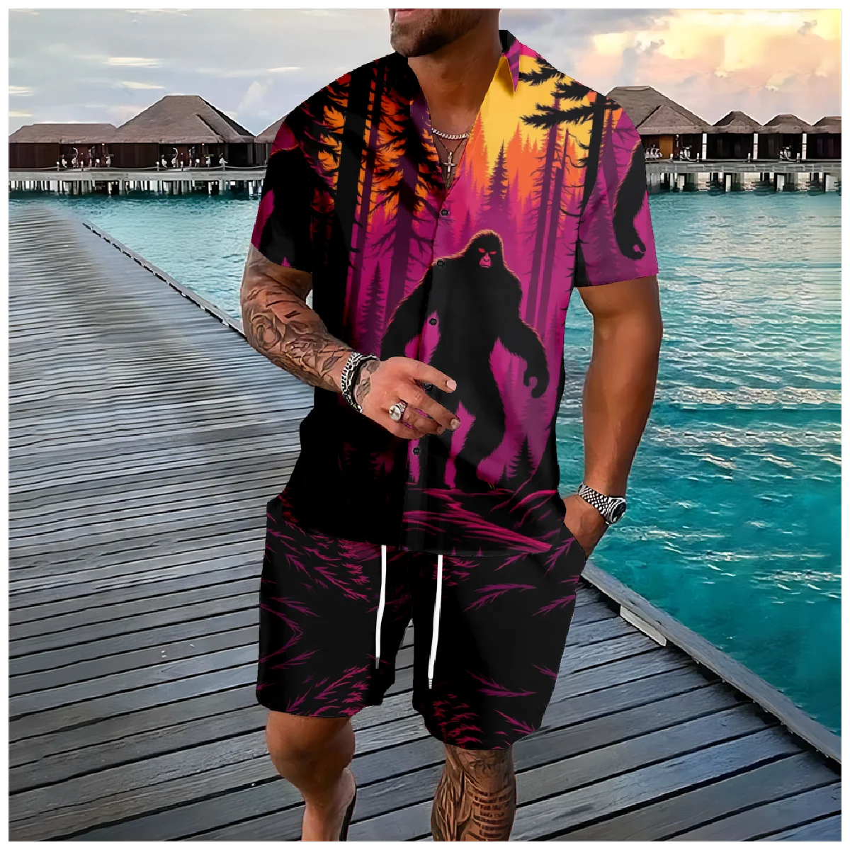 Orangutan  Forest Men's Short-sleeved Shirt Beach Shorts Set Outdoor Men's Summer Shorts Street Fashion Men's Casual Shirt