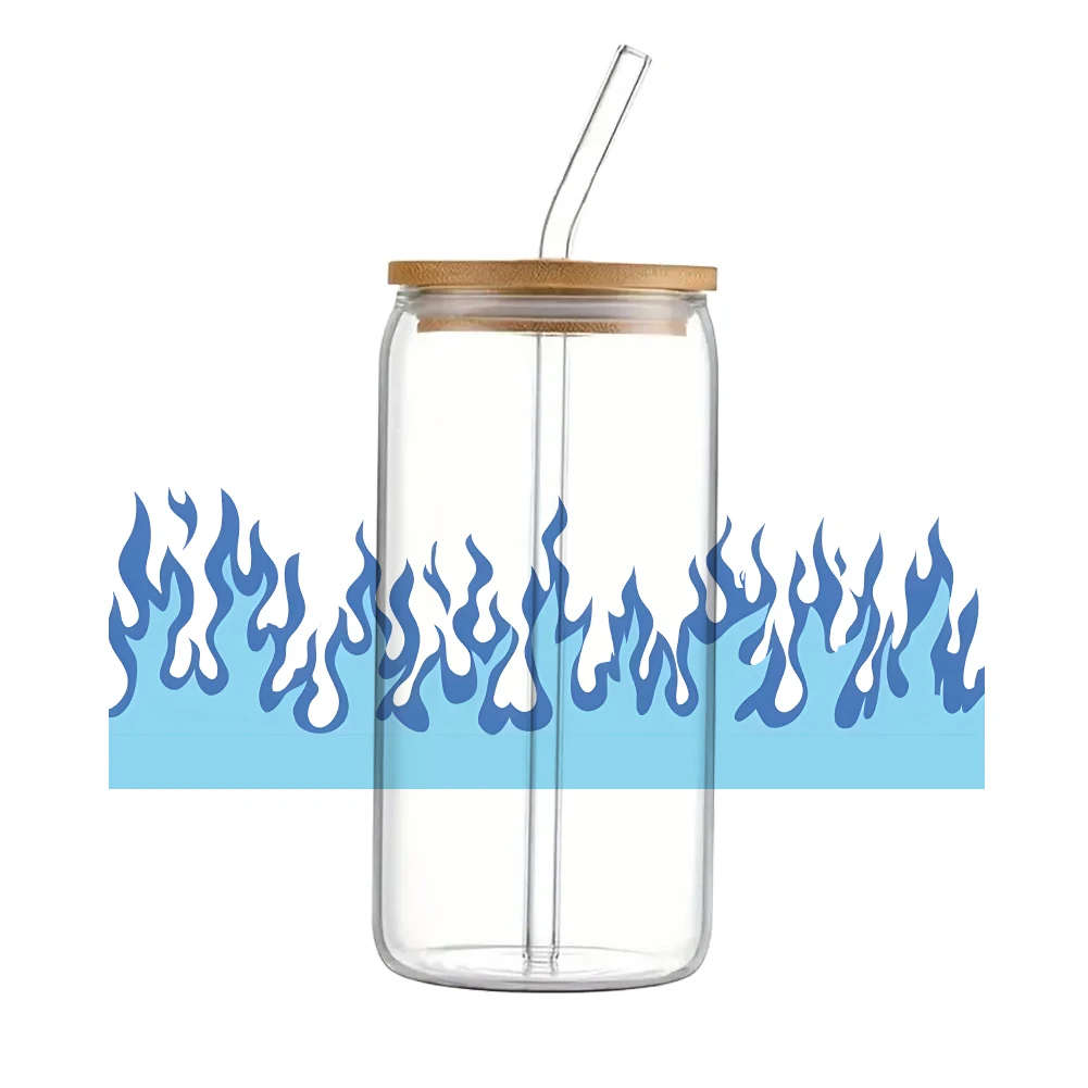 Colorful Hot Fire Flame Pattern UV DTF Transfer Sticker Waterproof Transfers Decals For 16oz Glass Cup Wrap Stickers