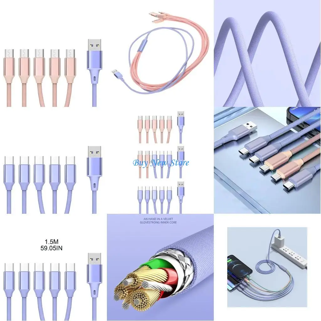 

20CE Micro USB Splitter Cable USB2.0 to MicroUSB Type-C Multi Charging Cord 5 in 1 Micro Adapter 66W HighPower