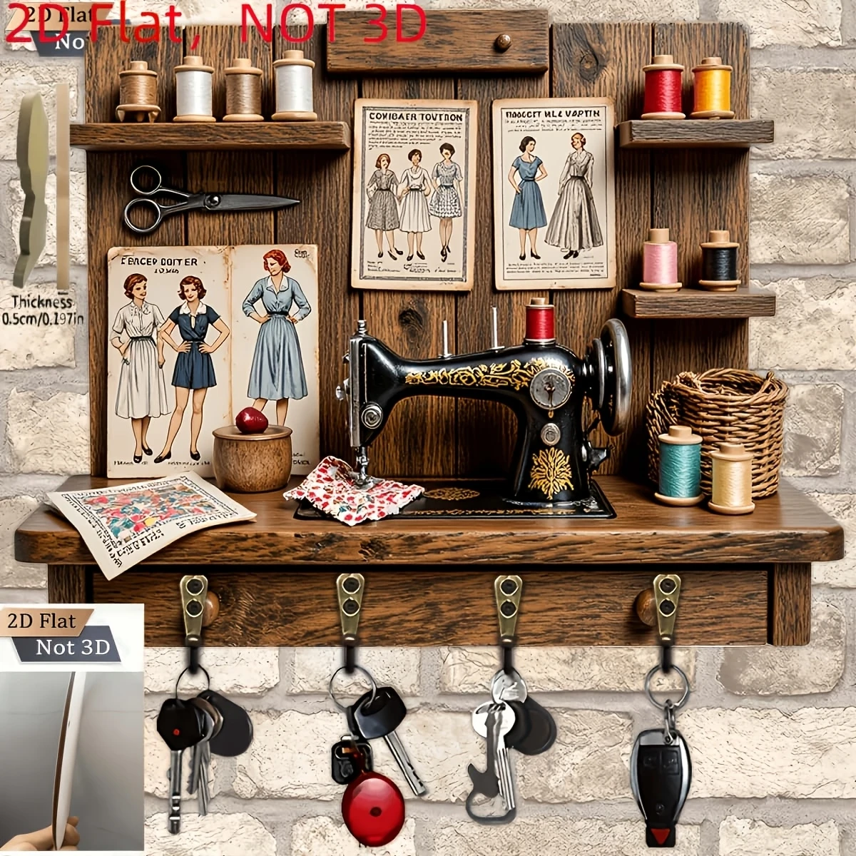 Diaphanous Retro Sewing Machine Closet Design Wooden 2D Key Hook Practical Home Wall Decor Porch Storage Organizer Gifts