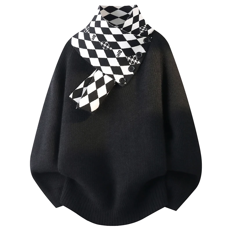 

Мужской утепленный вязаный свитер с воротником-шарфом, повседневный, свободный, модный, из полиэфирного волокна, с длинным рукавом, осень-зима