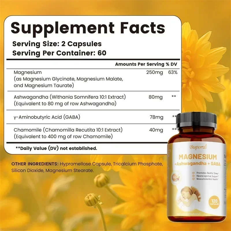 Magnesium + Ashwagandha + GABA - Replenish Energy, Supports Bone, Heart and Nerve Health, Muscle Recovery, Relaxation, Non-GMO
