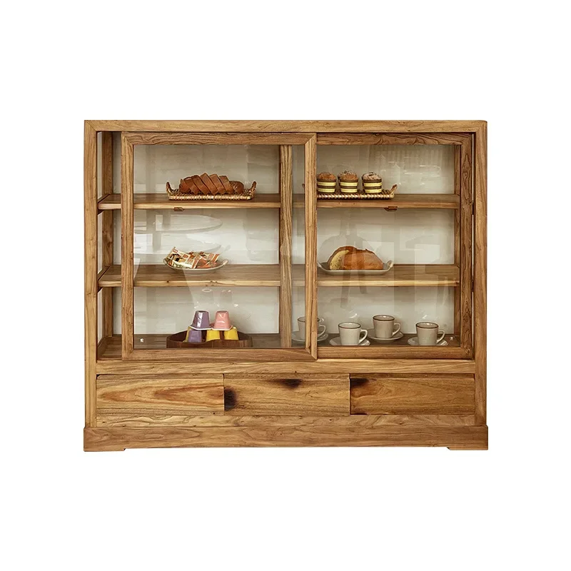 

Medieval glass side cabinet, locker, wabi wind storage side cabinet, solid wood sliding door, home floor-to-wall living room