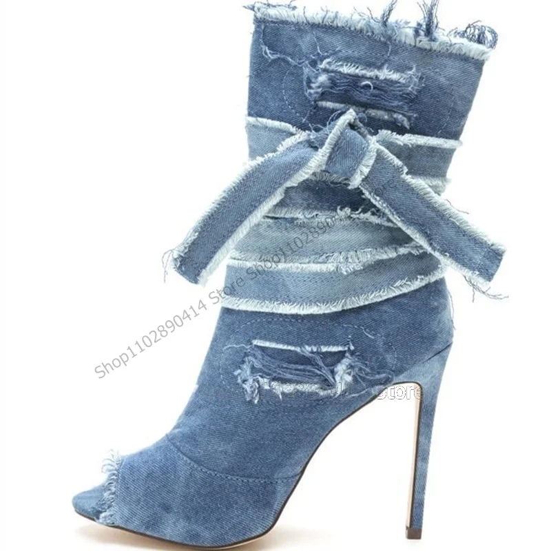 

Blue Denim Bow Knot Mid Calf Peep Toe Boots Side Zipper Women Shoes Thin High Heels New Fashion Banquet 2023 Zapatos Para Mujere