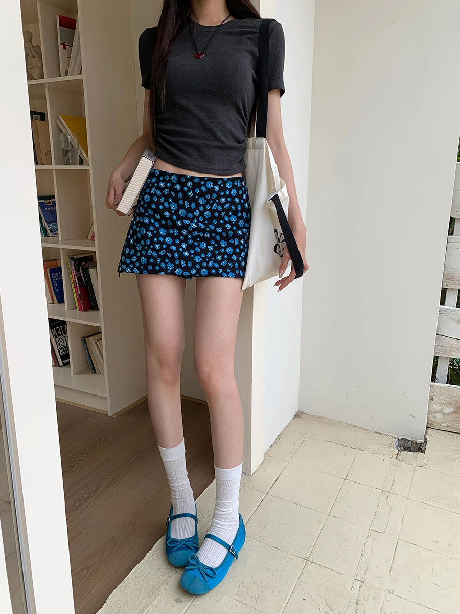 Gonna a trapezio con stampa floreale blu Estate 2025 da donna Nuova gonna aderente Sle a vita bassa in fibra di poliestere per pendolari