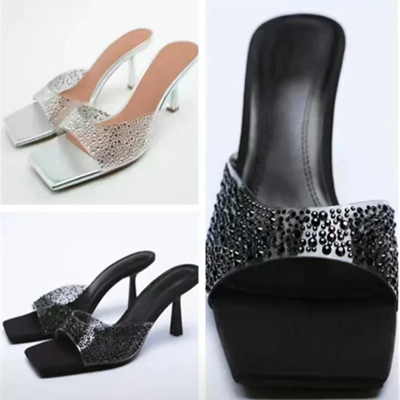 

Модные женские тапочки большого размера на высоком каблуке, новые летние однотонные однотонные тапочки на шпильке с квадратным носком и стразами