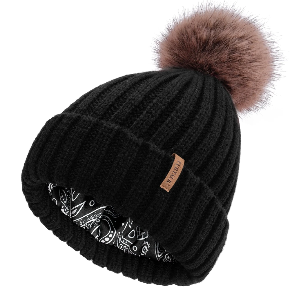 FURTALK Womens Winter Beanie Hat Satin Lined Faux Fur Pom Pom Beanies Hat for Women Winter Warm Knit Hats
