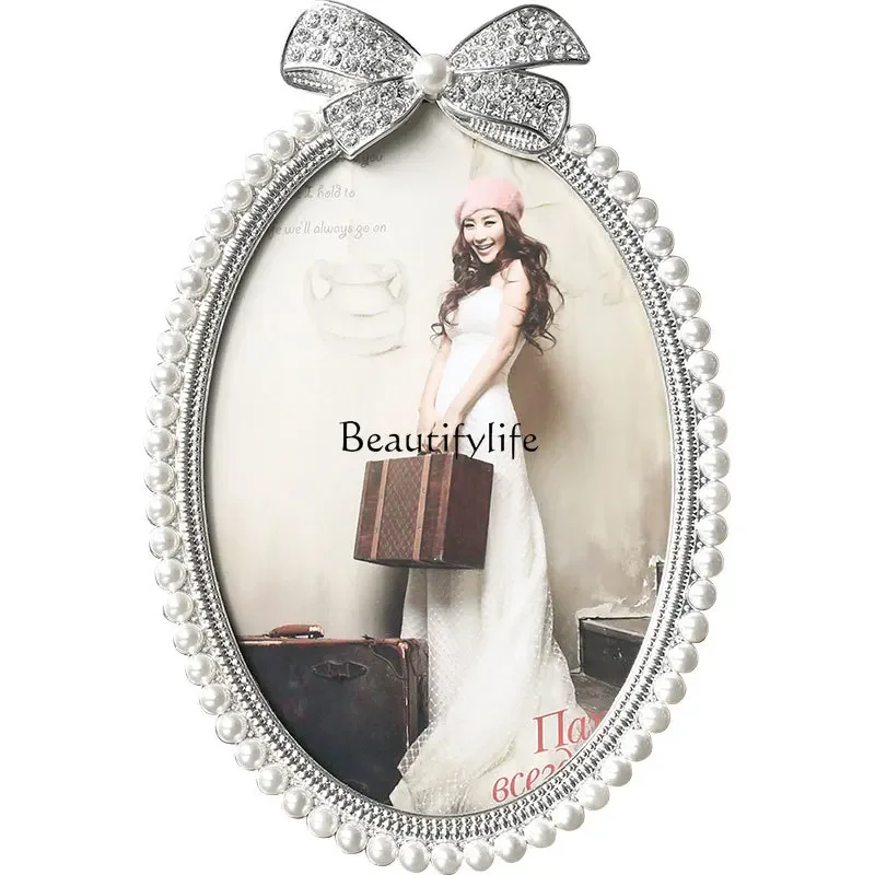 European style table photo frame simple metal oval pearl combination creative wedding photo frame