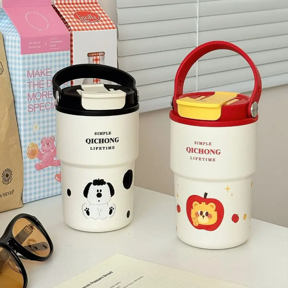 

Portable Ceramic Liner Insulated Cup 450ML Double drinking straw Vacuum Mug Handle 316 Stainless Steel Thermos Cup Gifts