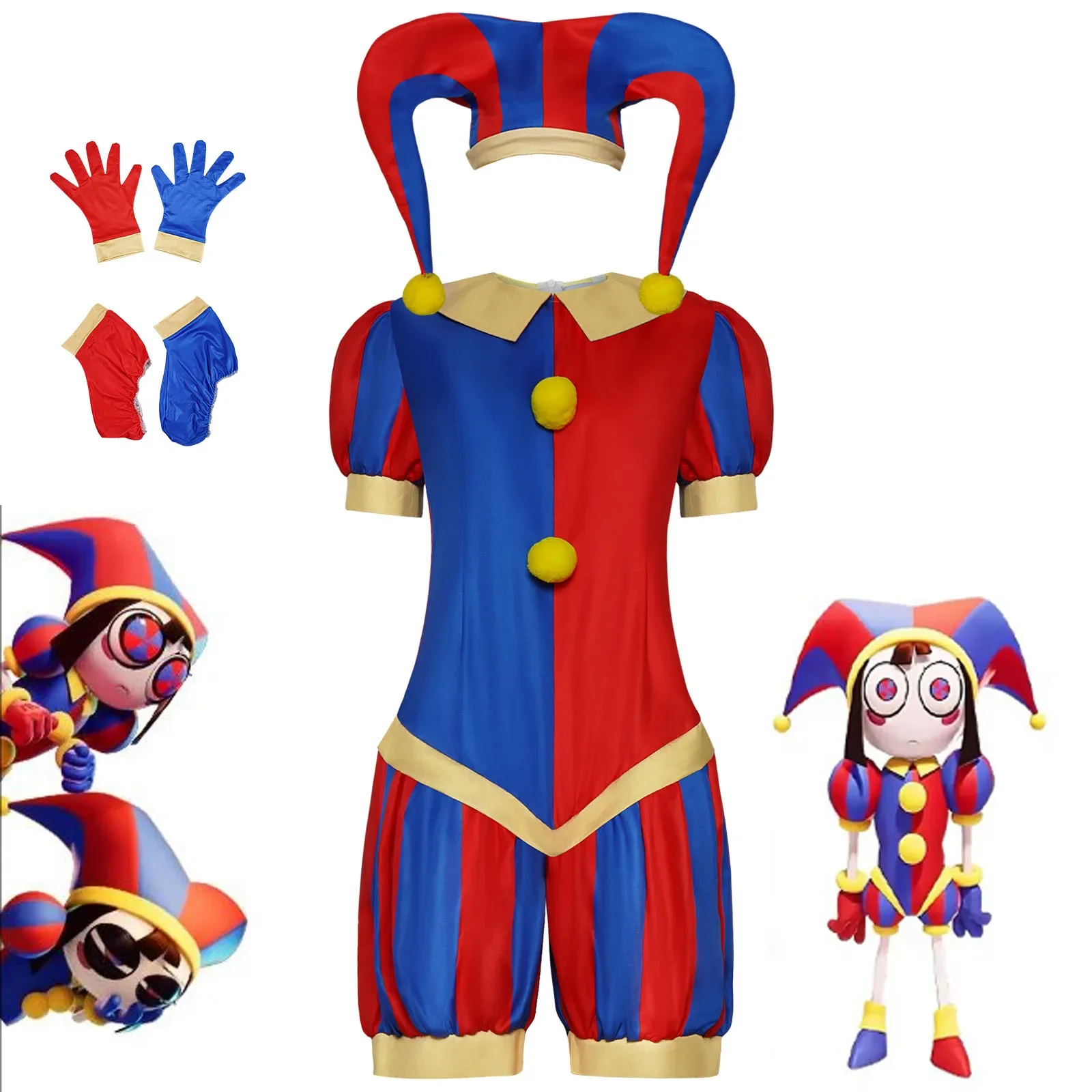 

Animation Pomni Cosplay Jumpsuit with Hat aShoes Cover Gloves Magical Virtual Circus Outfits for Halloween Carnival Circus