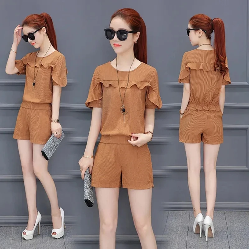 Summer Slim Two Piece Sets Thin Tshirt Tops Conjuntos High Waist Baggy Shorts Suits Korean Casual Ensemble New Ruched Outfit