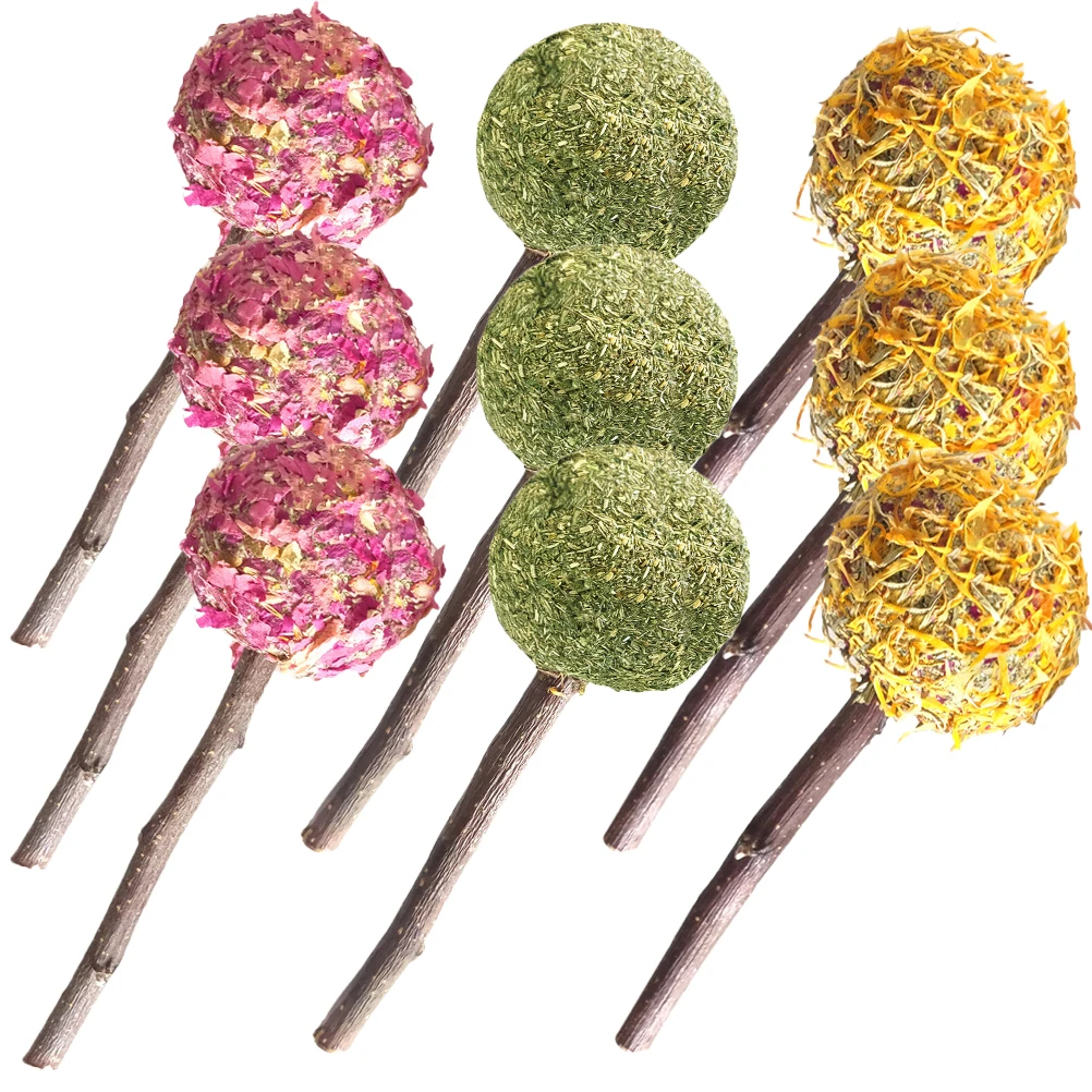 

9pcs Pet Chew Grass Ball Lollipop For Rabbit Hamster Guinea Pig Natural Wooden Teething Stick Small Animal Molar Cleaning