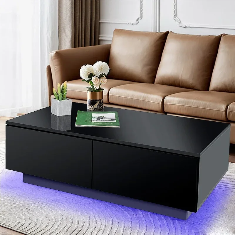 

Modern Coffee Table with LED Light Black Finish Rectangular Sofa Tea Table for Living Room