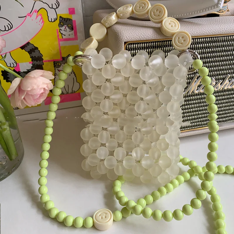 

2023 New Summer Green Smiley Face Hand-woven Beaded Crossbody Bag Stitching Portable Key Messenger Transparent Clear Bags