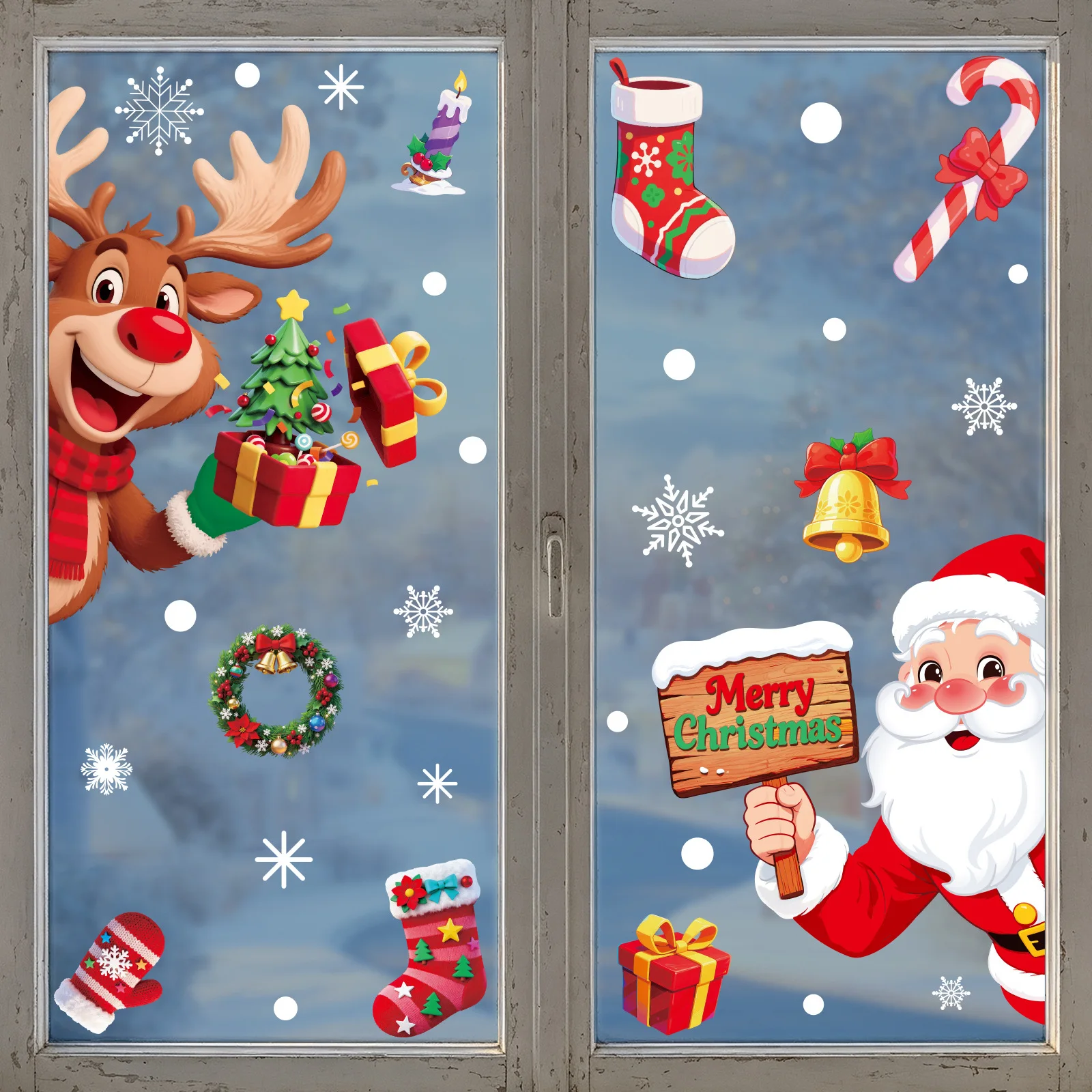 Christmas Static Glass Stickers Snowflake Bell Elk Wreath Santa Claus Reusable Window Clings Xmas Holiday Decor