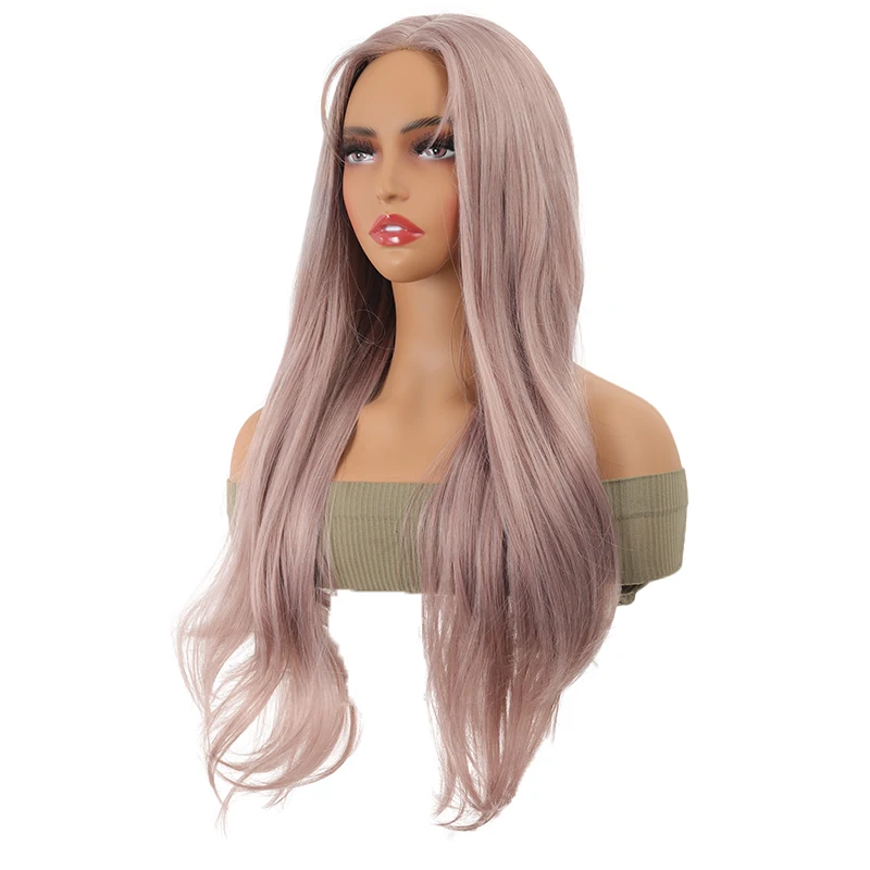 Lange Golvende Kant Voorkant Pruiken Synthetische Haar Body Wave Middendeel Golvende Cosplay Pruiken Hittebestendige Haar Pruik Voor Vrouwen 28 Inch