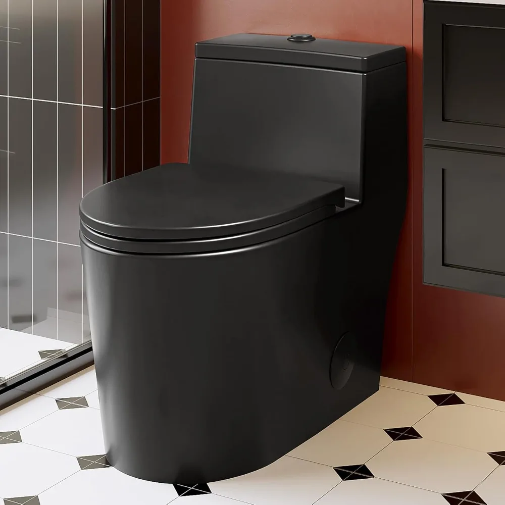 

Black One Piece Toilet for Bathroom, Avg. 1.28 GPF Elongated Comfortable Seat Height Powerful Dual Flush Toilet, 12" Rough-In