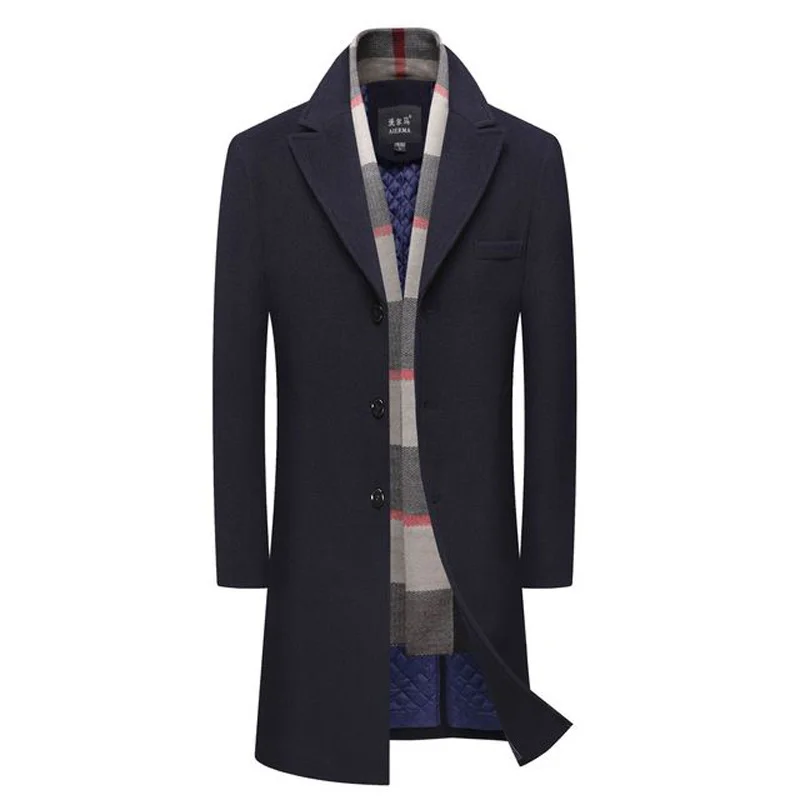 

New Long Wool Coat Men Fashion Pea Jacket & Blends Single Breasted Jackets Mens en Overcoat Detachable Scarf s