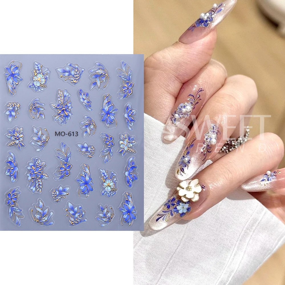 SWEET TREND-1/2pcs 5D Embossed Flower Nail Art Stickers Gold Line Blue Petal Nail Slider Decal Manicure Decorations Accessories
