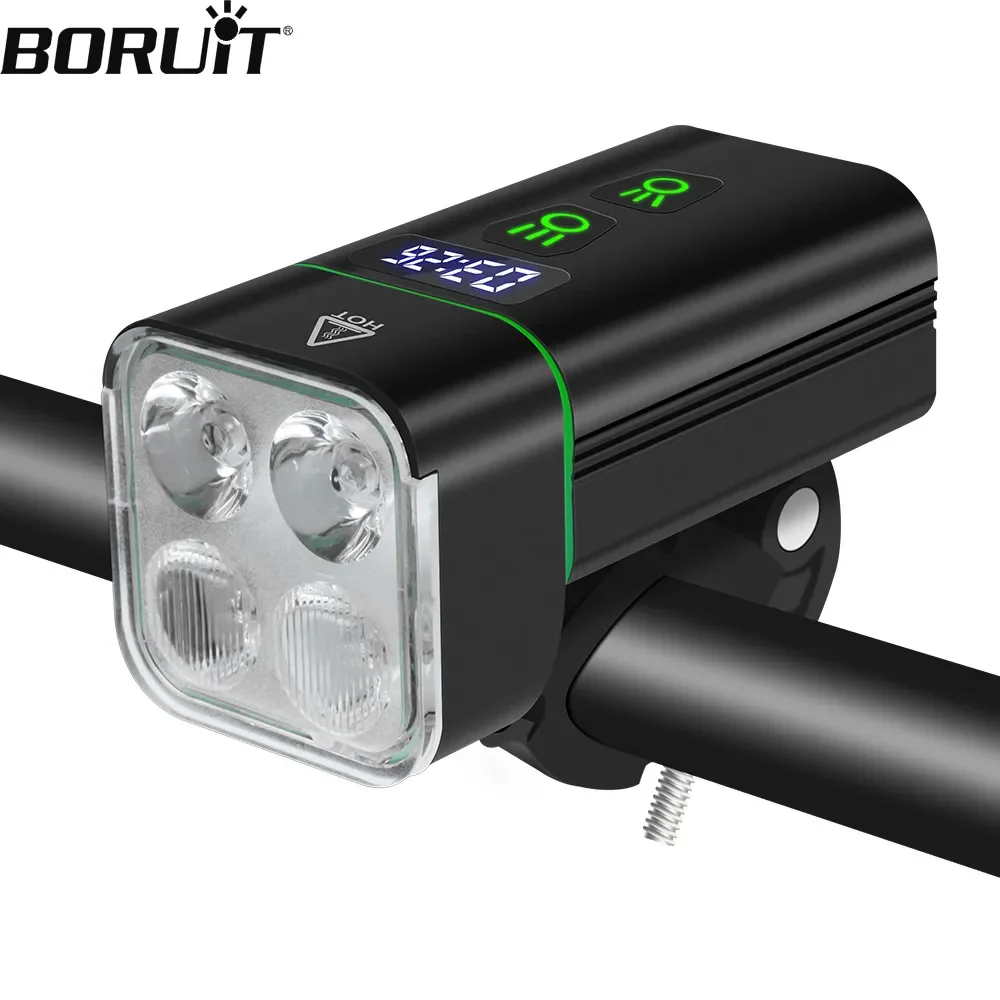 BORUiT Powerful LED Bicycle Headlight Built-in 18650 Battery Type-C Rechargeable Lamp Bike Accessories Waterproof Cycling Light