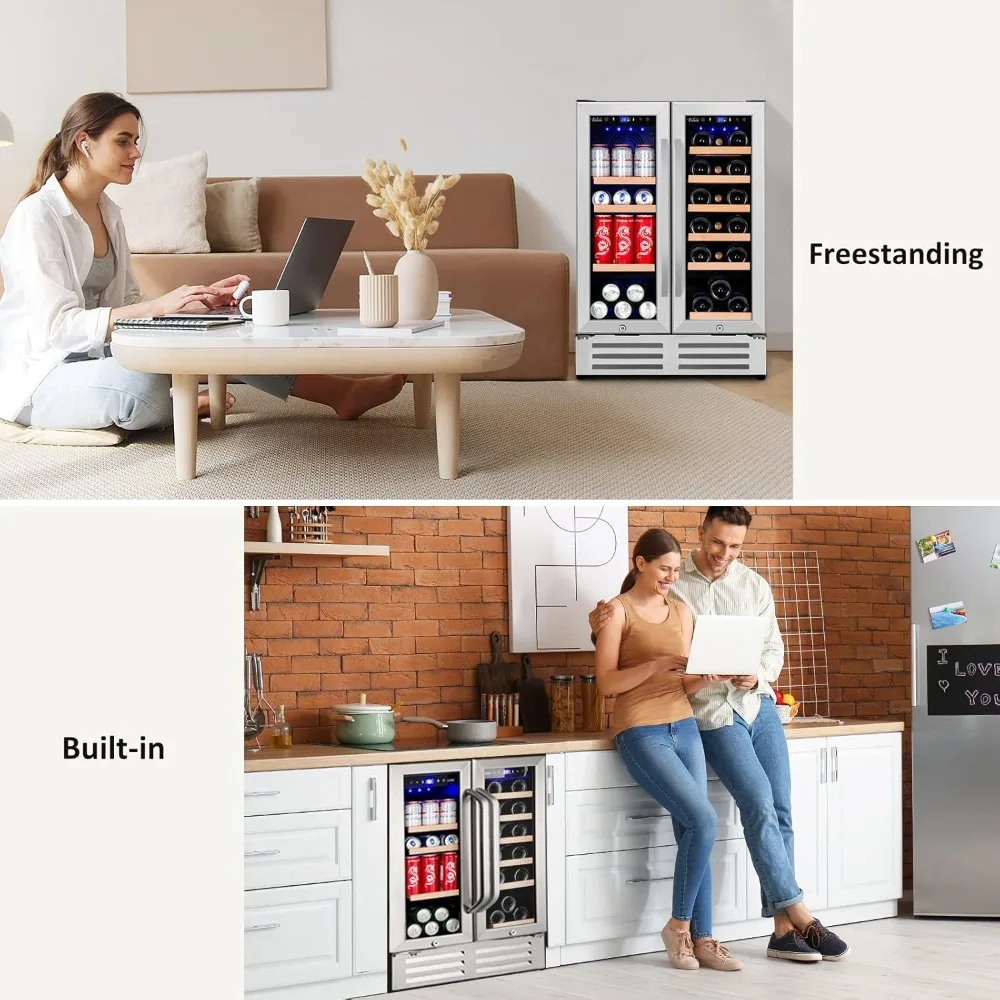 Wine Refrigerator, 24 Inch Dual Zone Fridge with Glass Door, Built-In Cooler with Powerful and Quite Cool System