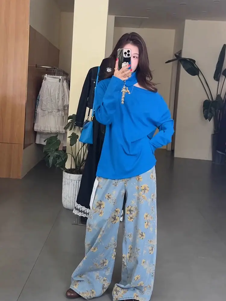 

Women's Vintage Flower Print Blue Denim Jeans Girl Trousers Casual Bottoms Summer Female High Waist Wide Leg Denim Pants