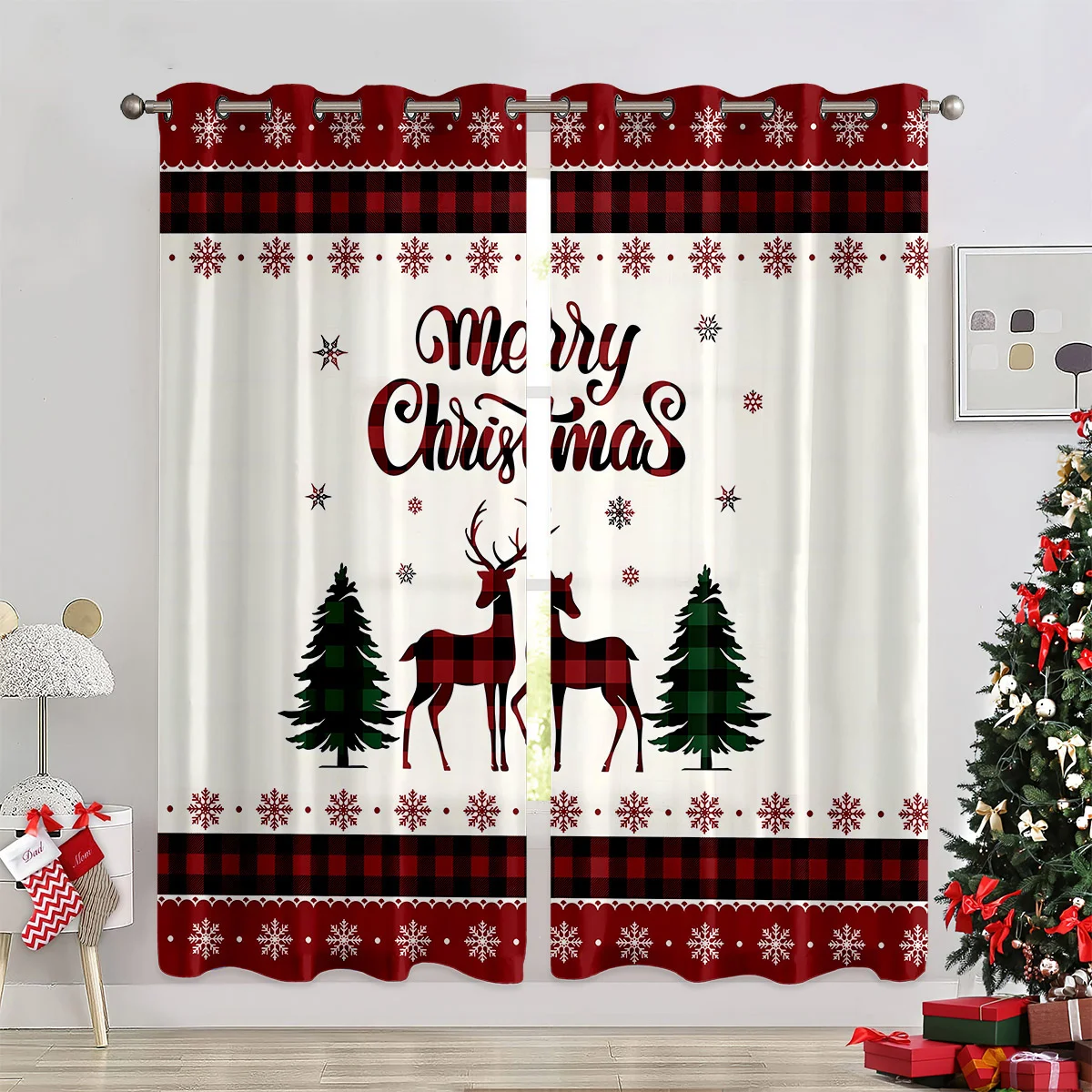 

Christmas Elk Happy New Year Christmas Tree Red Green Children's Bedroom Living Room Home Decor Curtains Christmas 2024