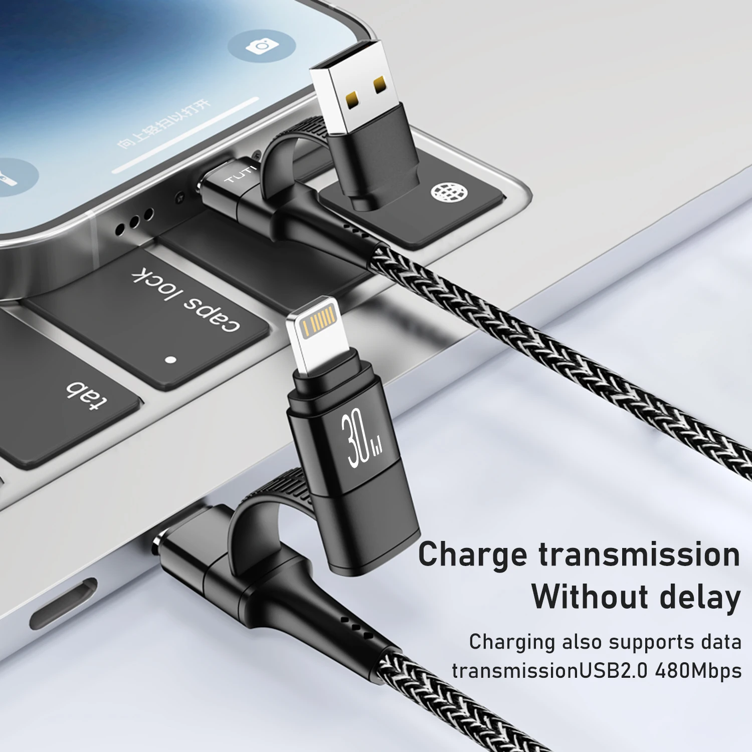 TUTI-Type-C Fast Charging Charger, USB A, Type-C,Lightning PD, 60W Cable for iPhone 15, 14, Samsung, Huawei, Date Cord, 4 in 1