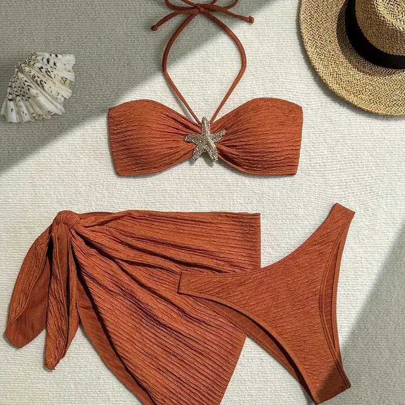 

2025 Summer New Minimalist Solid Color Women Split Bikini Three Piece Set Sexy Strapless Hanging Neck Female Swimsuit Sets