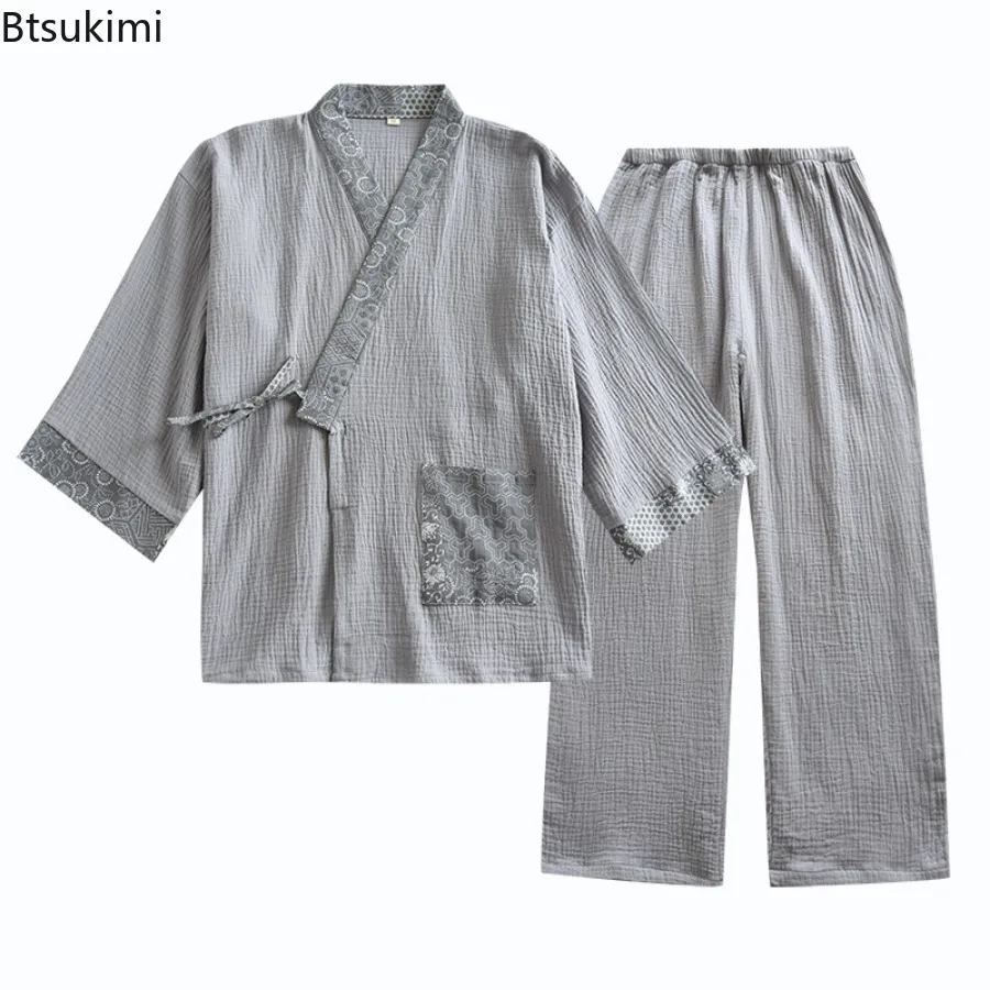 2024 Men\'s Kimono Home Suits Comfort Lace-up Tops and Trousers Pajamas Sets Cotton Crepe Design Ethnic Style Sleepwear for Men