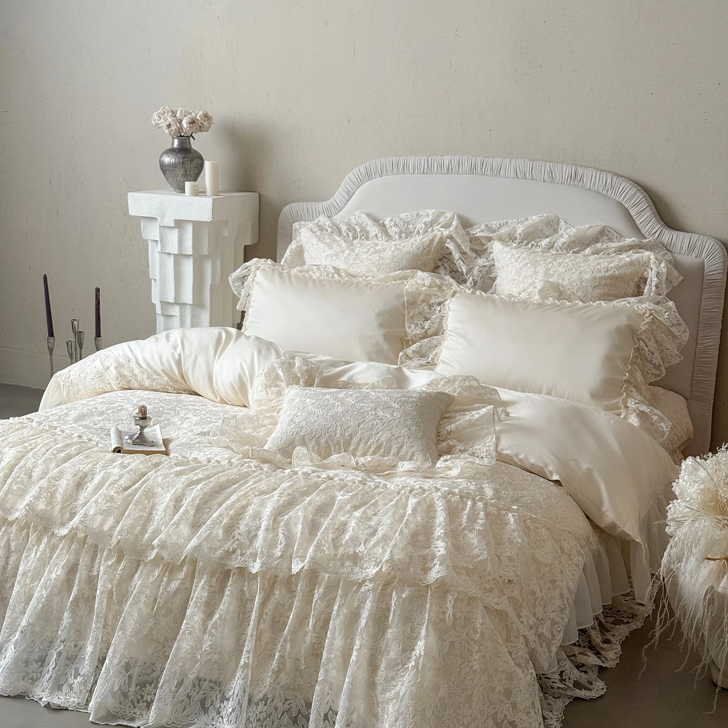 

Beige Egyptian Cotton Princess Bedding Set Luxury Lace Embroidery Duvet Cover Sets Bed Sheet Pillowcases Home Textile
