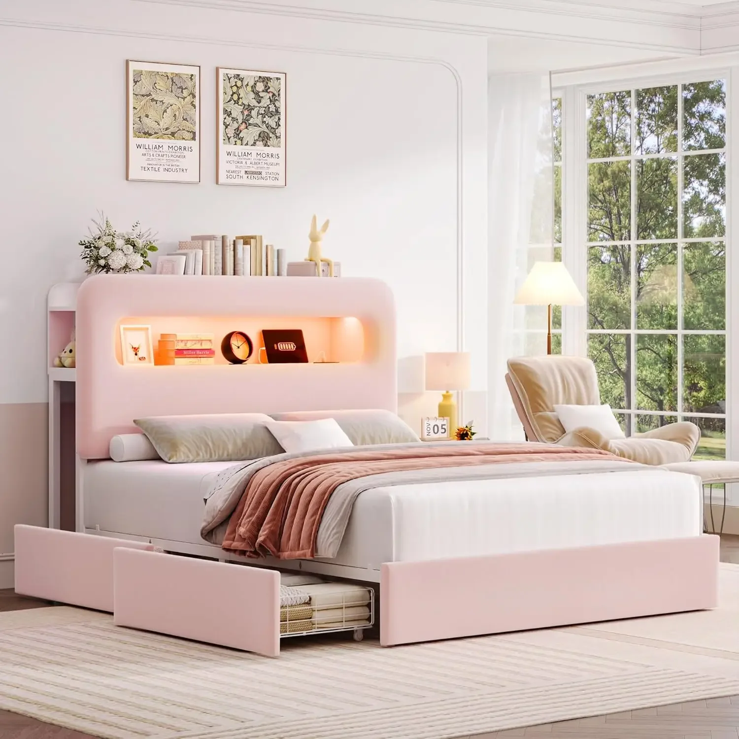 Full LED Bed Frame with Storage Headboard and Charging Station, Girls Bed Frame with 2 Drawers and USB Ports, Velvet Upholstered