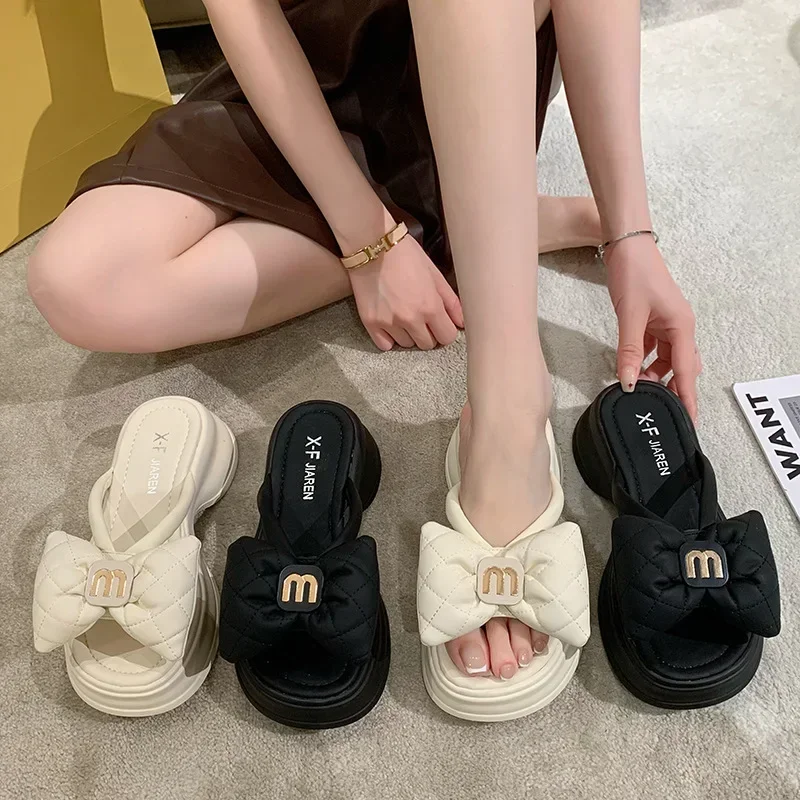 2024 New Korean Edition Casual Beach Shoes Versatile Thick Sole Sandals Women\'s Shoes Bow Slippers Women\'s Outwear Summer