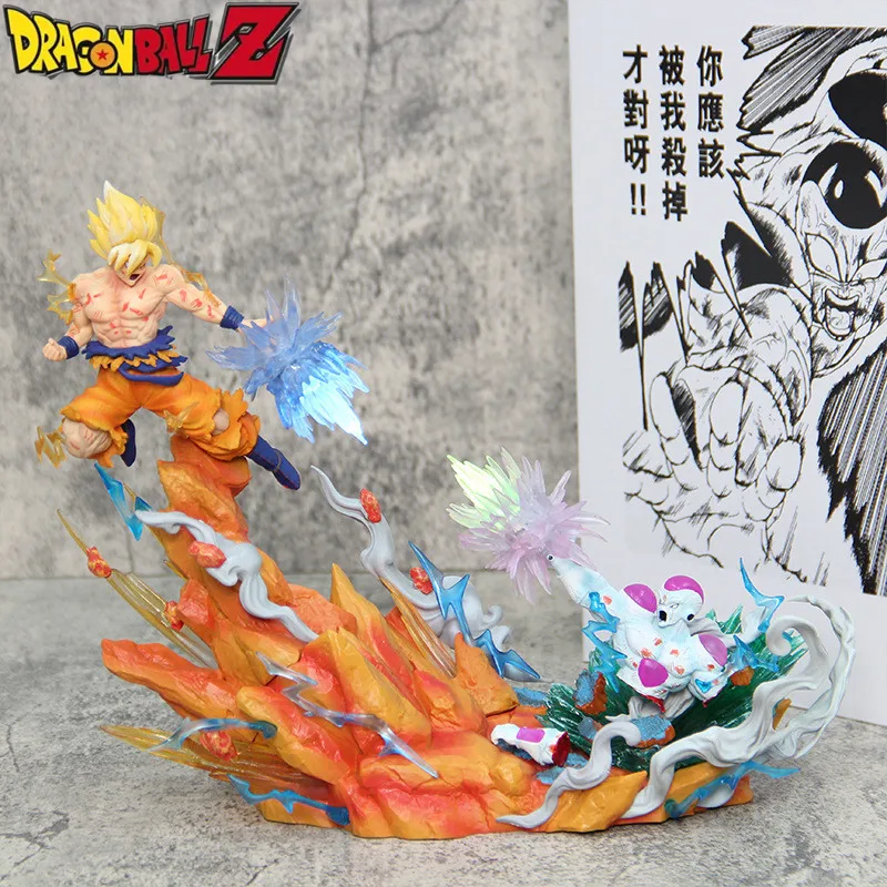 

21cm Dragon Ball Anime Figure Son Goku Vs Frieza Statue Super Saiyan Glowing Pvc Action Figurine Desktop Collectible Model Toys