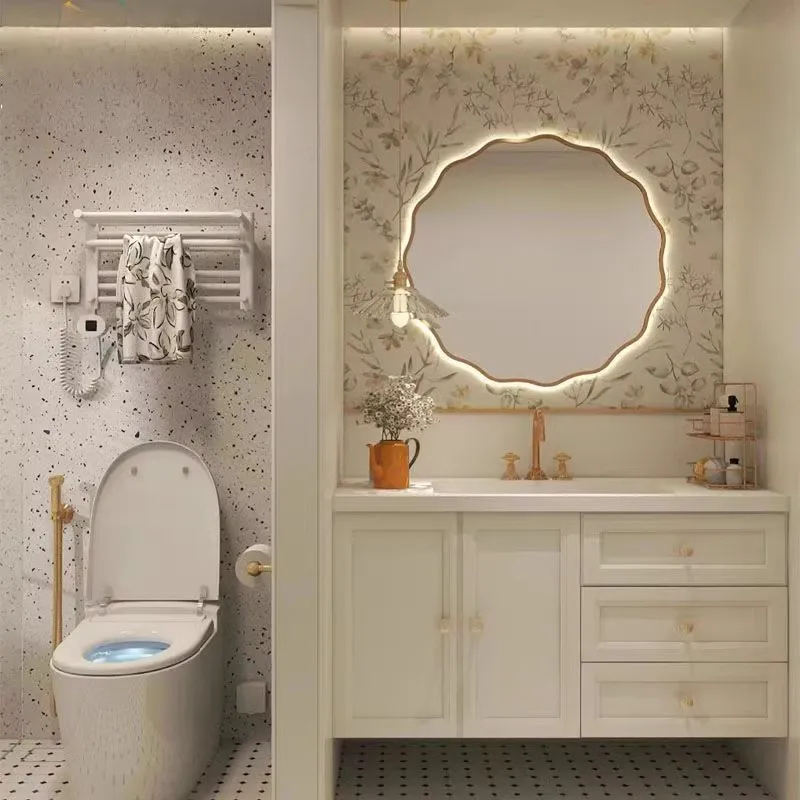 Armoire de salle de bain style crème rétro français, combinaison de lavabo en bois massif