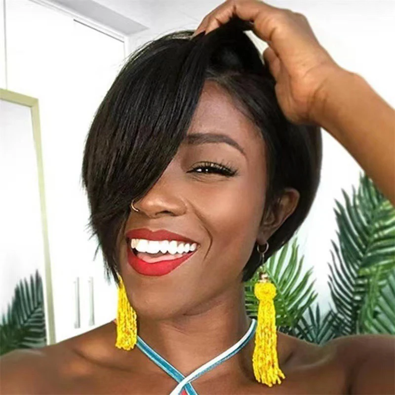 

Черная женская африканская парик с боковой челкой, короткий прямой парик из химического волокна с пуговицами, сетчатый полный парик, повседневная одежда, имитация волос