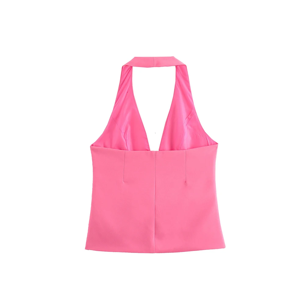 Aoaiiys Pink Crop Top Women Tank Top Backless Neck-mounted Tops Y2k Backless Waistcoat Sexy Sleeveless Female Summer Casual Vest